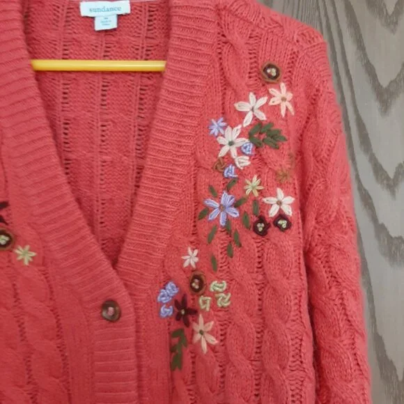 Sundance Hot Pink Floral Embroidered Cable Knit Cardigan Sweater Medium - Picture 4 of 8
